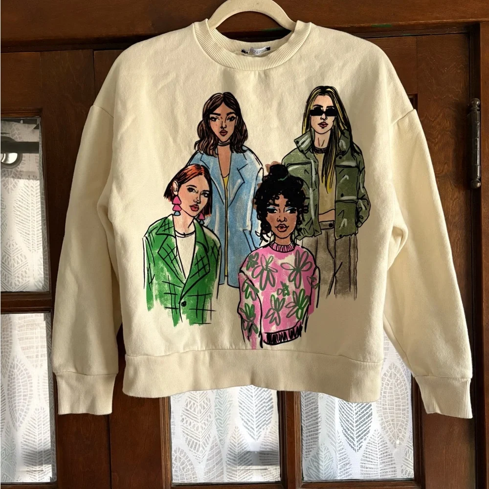 Zara Cool Girls Rare Graphic Illustration Print Crewneck Sweatshirt Pullover